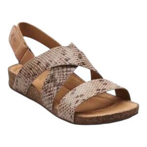 CLARKS Perri Dunes Tan Snake Print Leather Cork Footbed Sandals Size 10 Comfort
